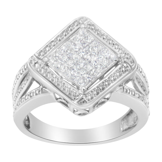 Anillo de cóctel de plata de ley .925 con 2/5 Cttw de diamante de talla princesa en forma de cuadrado en punta (color H-I, claridad SI1-SI2) - Talla 6