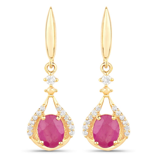 0.70 Carat Genuine Ruby and White Diamond 14K Yellow Gold Earrings