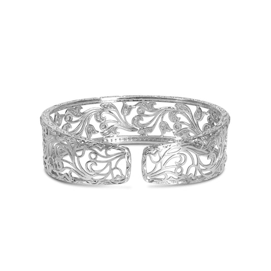 Pulsera brazalete de oro blanco de 18 quilates con diseño floral calado de filigrana y pavé de diamantes de 3 1/4 Cttw (color H-I, claridad VS2-SI1)