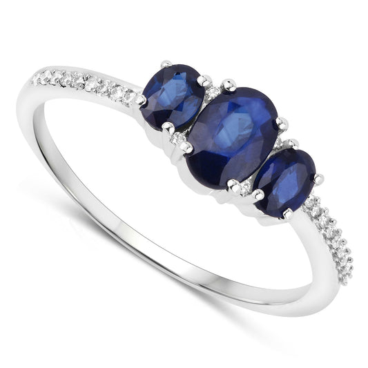 Anillo de oro blanco de 14K con zafiro azul genuino de 0.98 quilates y diamantes blancos