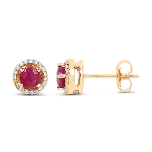0.71 Carat Genuine Ruby and White Diamond 14K Yellow Gold Earrings - view 2