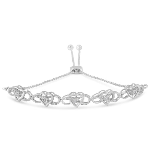 Pulsera Bolo Ajustable de Plata Esterlina .925 con Diamantes en Engaste Milagroso y Corazones Infinitos de 6"-9" (Color H-I, Claridad I2-I3)