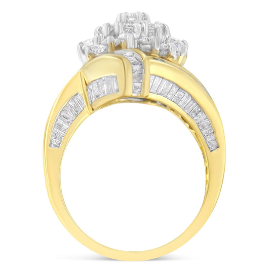 Anillo de oro amarillo de 10 qt con diamantes redondos y baguette en racimo cruzado (3 qt en total, color I-J, claridad I1-I2) - Talla 7-1/2