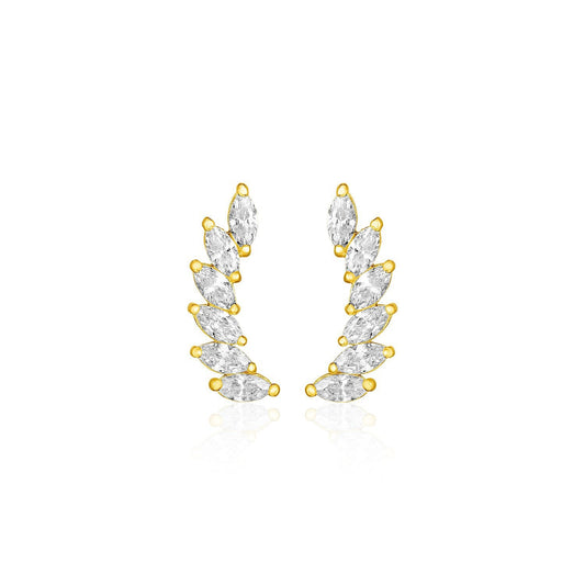 14k Yellow Gold Leaf Motif Climber Post Earrings with Marquise Cubic Zirconias - view 2