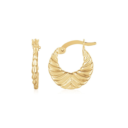 14K Yellow Gold Graduated Grooved Fancy Hoop Earrings - view 2