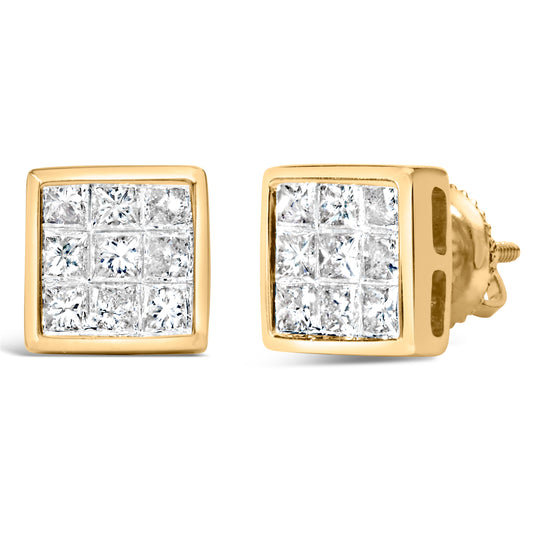 Pendientes de tuerca de oro amarillo de 14 quilates con diamantes de talla princesa de 1,0 quilates en total y cierres de rosca (color J-K, claridad SI1-SI2)