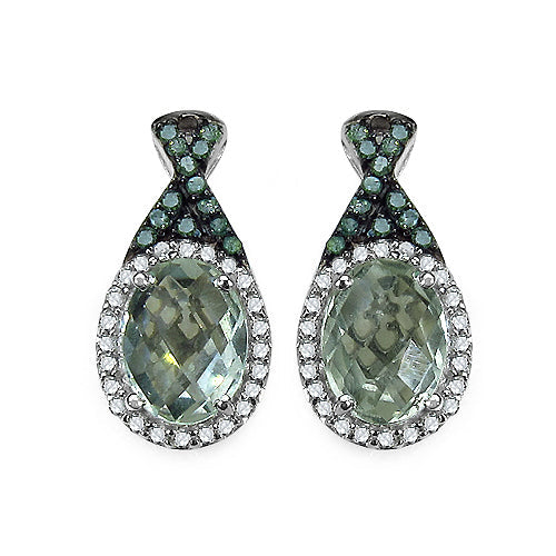 Pendientes de plata esterlina .925 con amatista verde genuina de 2.55 quilates, diamante verde y diamante blanco
