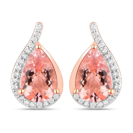 Pendientes de oro rosa de 14 quilates con morganita genuina de 2,43 quilates y diamantes blancos