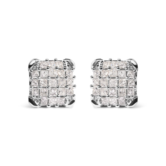 Pendientes de tuerca de oro blanco de 10K con forma de princesa de 3/4 Cttw (Color I-J, Claridad I1-I2)