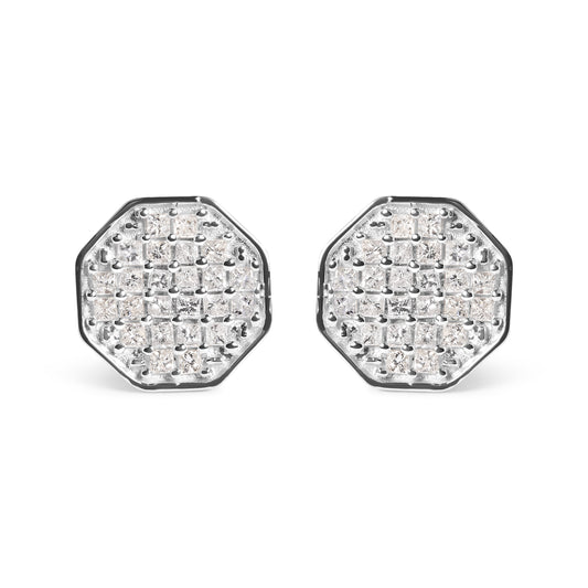 Pendientes de botón en oro blanco de 10K con diamante princesa de 7/8 Cttw en forma de octágono (color I-J, claridad I1-I2)