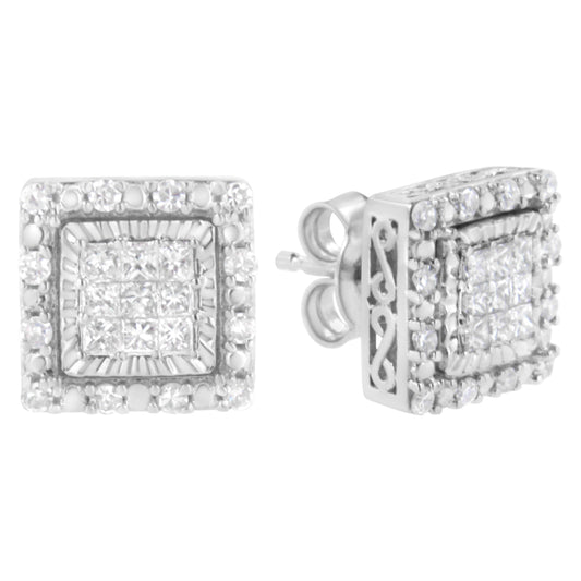 Pendiente de tuerca cuadrado de oro blanco de 10K con 1/2 quilate total invisible engastado de diamantes talla princesa (color I-J, claridad I1-I2)