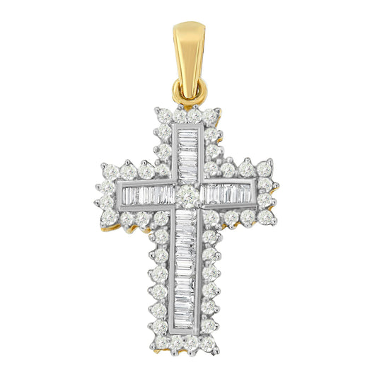 Collar con colgante de cruz de diamantes de varias filas de oro amarillo de 14 quilates y 2,0 quilates