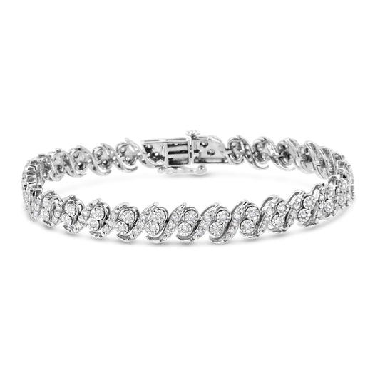 Pulsera de Eslabones en Forma de "S" de Plata Esterlina .925 con Diamantes de Talla Redonda de 2.0 Cttw (Color I-J, Claridad I3) - 7.25"