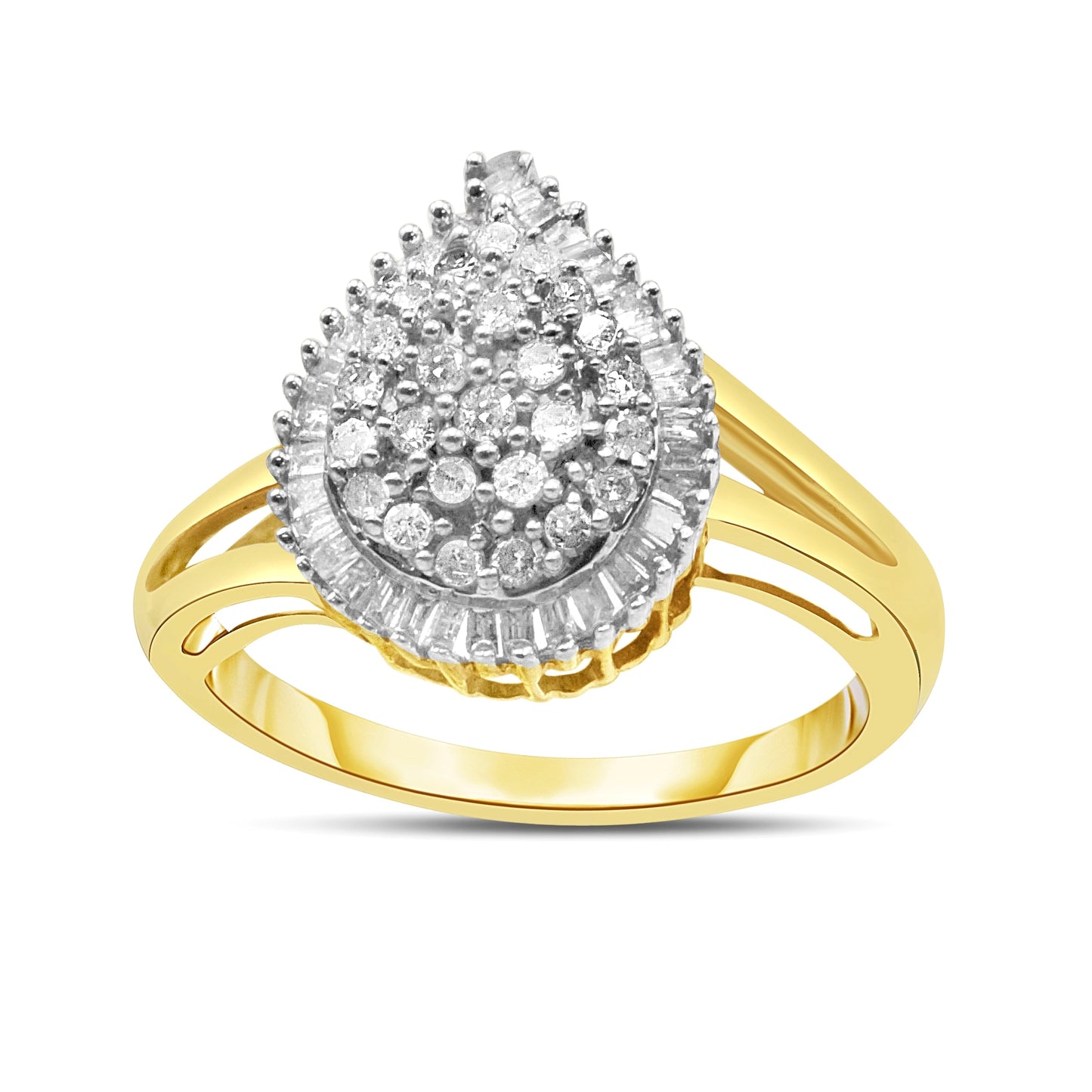 Anillo de cóctel estilo bailarina de oro blanco y amarillo de 14 quilates con diamantes redondos y talla baguette de 1,00 quilates en total (color H-I, claridad SI2-I1)