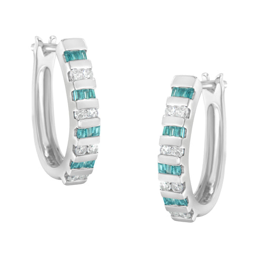 Pendientes de aro de oro blanco de 10k con diamantes redondos y baguette azules de 1/2 quilate (color I-J, claridad I2-I3)