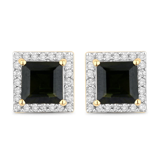 Pendientes de oro amarillo de 14 quilates con turmalina verde genuina de 1,55 quilates y diamantes blancos