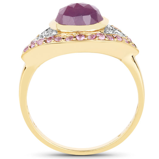 Anillo de plata de ley 925 con zafiro rosa genuino de 3,02 quilates y topacio blanco, chapado en oro amarillo de 14 quilates