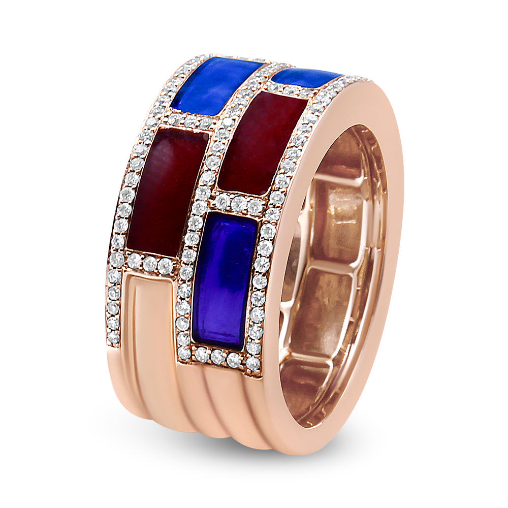 Anillo de banda de oro rosa de 18 quilates con esmalte rojo y azul alterno y diamantes de 1/2 quilate (color F-G, claridad VS1-VS2) - Talla 7