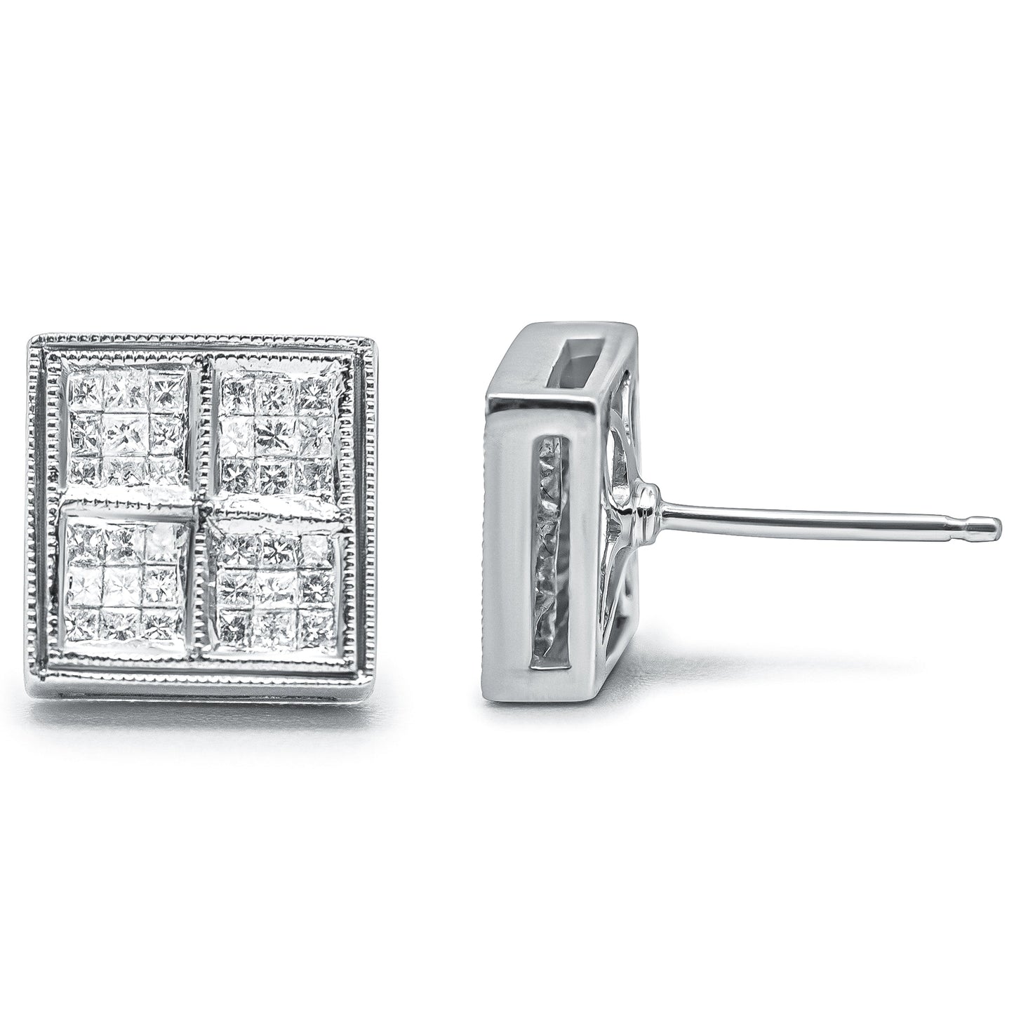 Pendientes de tuerca de oro blanco de 14 quilates de 1/2 quilate de peso total de diamantes de talla princesa con forma de caja y milgrain (Color H-I, Claridad SI1-SI2)