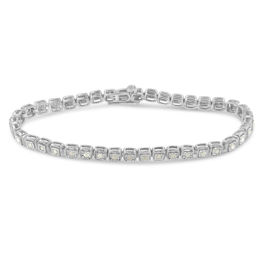 Pulsera de tenis con eslabones de plata de ley .925, 1,0 Cttw de diamantes engastados "milagro", cuadrados con milgrano, 17,78 cm (color I-J, pureza I3)
