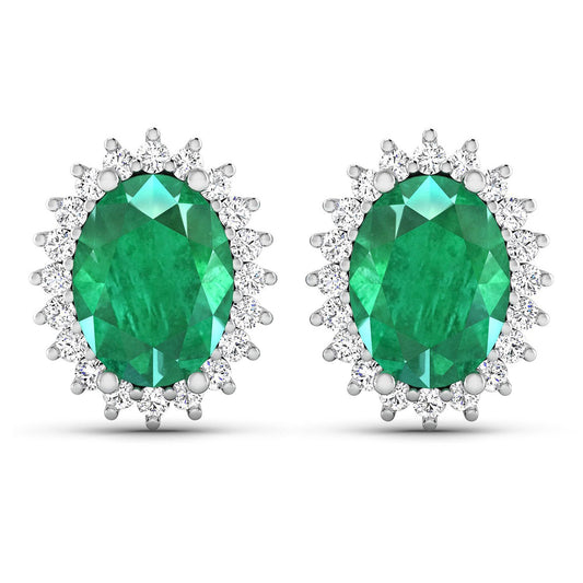 Pendientes de oro blanco de 14 quilates con esmeralda zambiana auténtica de 2,66 quilates y diamantes blancos