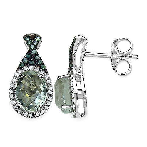 Pendientes de plata esterlina .925 con amatista verde genuina de 2.55 quilates, diamante verde y diamante blanco