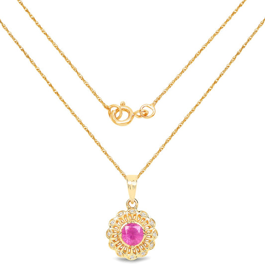 Colgante de oro amarillo de 14 quilates con rubí auténtico de 0,59 quilates y diamante blanco