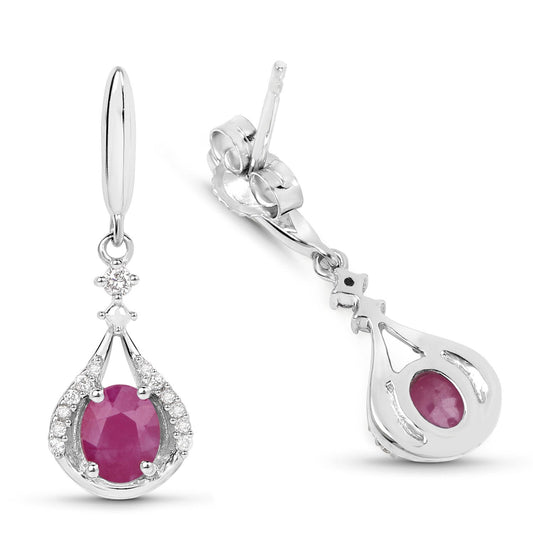 0.70 Carat Genuine Ruby and White Diamond 14K White Gold Earrings - view 2