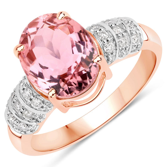 Anillo de oro rosa de 14K con turmalina rosa natural de 3,11 quilates y diamantes blancos