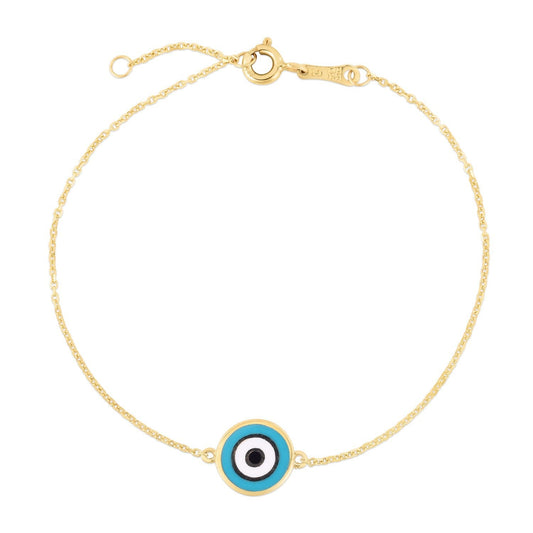 Pulsera de ojo turco azul de oro amarillo de 14k (1,00 mm)