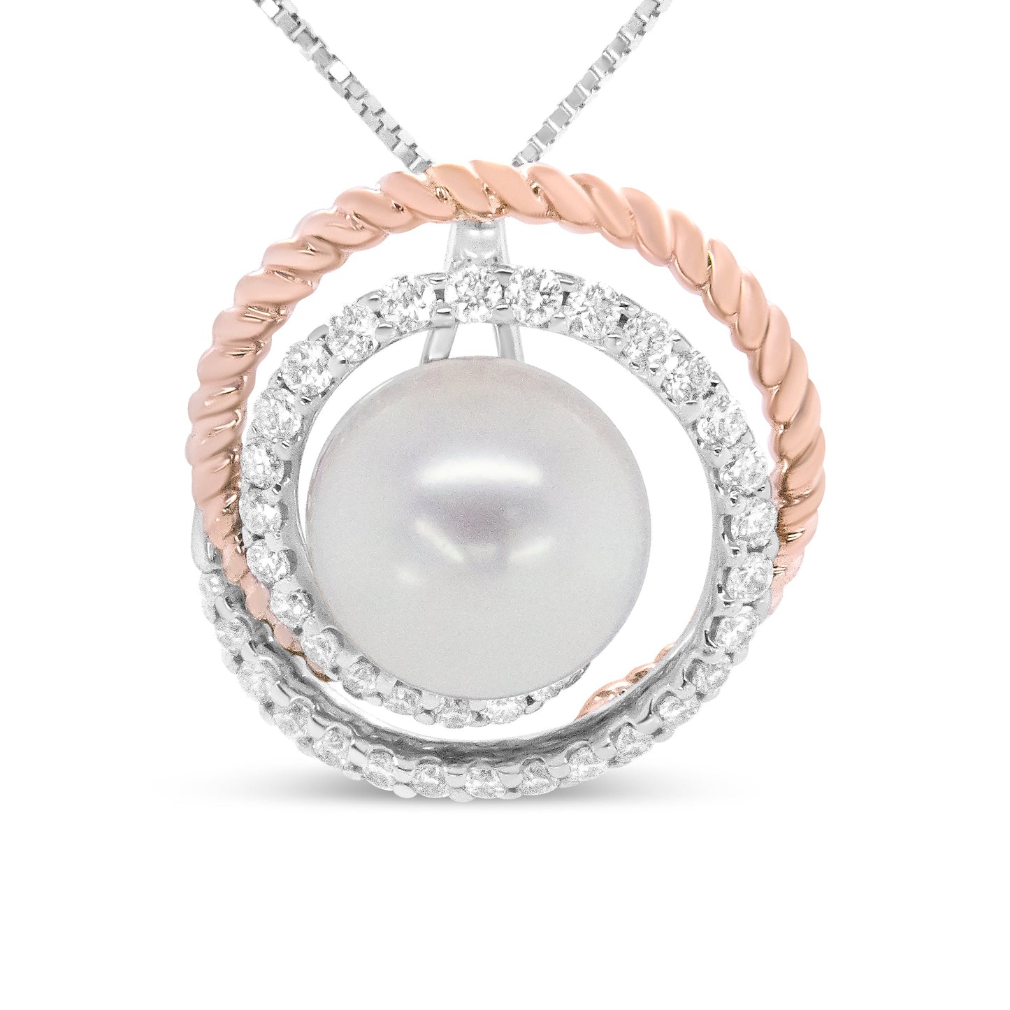 Collar con colgante en oro rosa y blanco de 14K con diamantes pavé de 3/8 Cttw y perla redonda de 9mm con espiral calada de 18" - (Color H-I, Claridad VS1-VS2)
