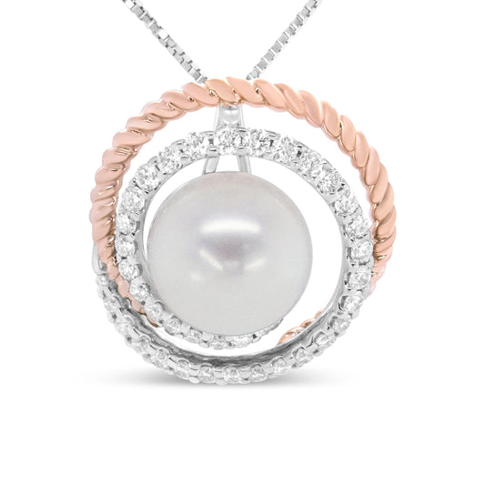 Collar con colgante en oro rosa y blanco de 14K con diamantes pavé de 3/8 Cttw y perla redonda de 9mm con espiral calada de 18" - (Color H-I, Claridad VS1-VS2)