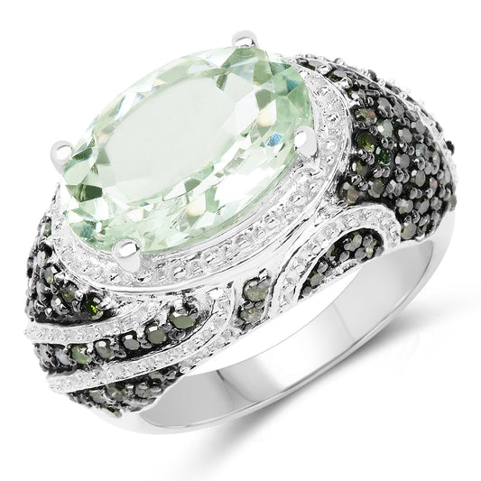 Anillo de plata de ley .925 con amatista verde auténtica de 5.98 quilates y diamantes verdes