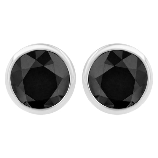 Pendientes de Plata Fina .925 con Diamantes Negros de 4.00 Qts. Talla Brillante Redonda, Engastados en Bisel, con Cierre de Rosca (Color Fantasía Mejorado, Claridad I2-I3)