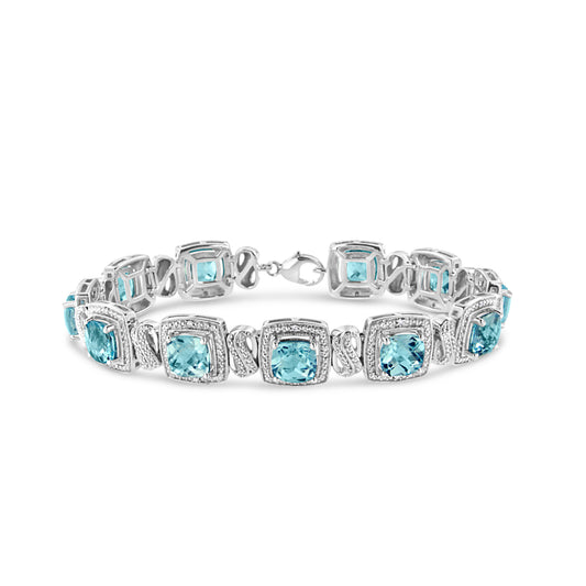 Pulsera de tenis de plata de ley .925 con topacio azul talla cojín de 7x7 mm y diamante de talla sencilla de 1/10 Ctw en forma cuadrada (color I-J, claridad I1-I2) - 7"