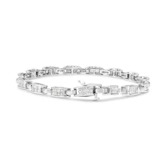 Pulsera de eslabones rectangulares de oro blanco de 14 quilates con diamantes engastados invisibles talla princesa de 2,0 quilates en total (color I-J, claridad I1-I2) - 7,25"