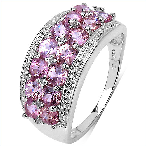 Anillo de plata de ley .925 con zafiro rosa genuino de 2,00 quilates y topacio blanco