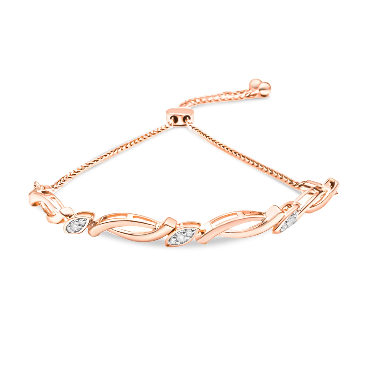 Pulsera de bolo con eslabones giratorios alternos de plata de ley .925 bañada en oro rosa de 14K con diamante de 1/10 Cttw (color I-J, claridad I2-I3) - Ajustable de 6" a 9"