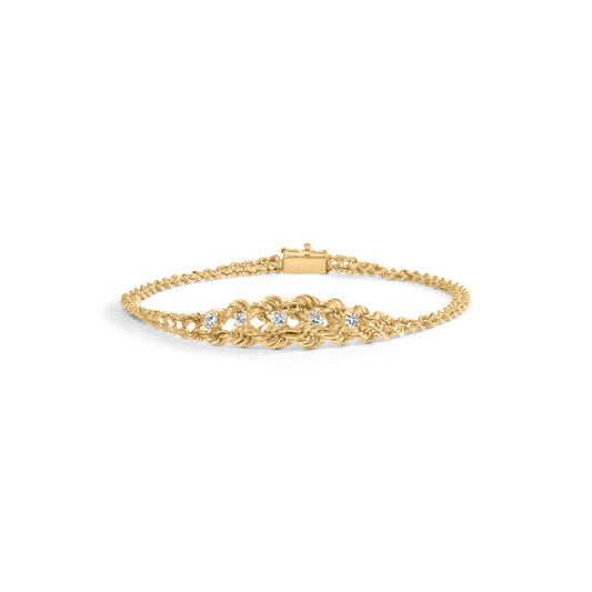 Pulsera de 7" de oro amarillo de 10K con diseño de cuerda entrelazada y diamantes redondos de 1/4 Cttw (color H-I, claridad I1-I2)
