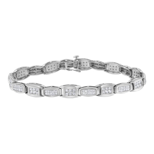 Pulsera de tenis de oro blanco de 14 quilates con eslabones acampanados alternos, diamantes redondos de talla brillante y baguette de 2-1/2 quilates en total, 7" (color H-I, claridad SI1-SI2)