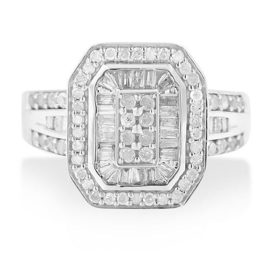 Anillo de cóctel de plata de ley .925 con diseño de octágono alargado y diamantes redondos y baguette de 1,0 Cttw (color H-I, claridad I2-I3) - Talla 7