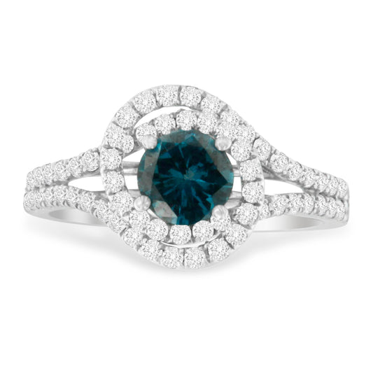 Anillo de cóctel de oro blanco de 14 quilates con doble halo entrelazado de diamantes blancos y azules de 1-1/3 Cttw (color G-H y azul fantasía, claridad SI2-I1) - Talla 6