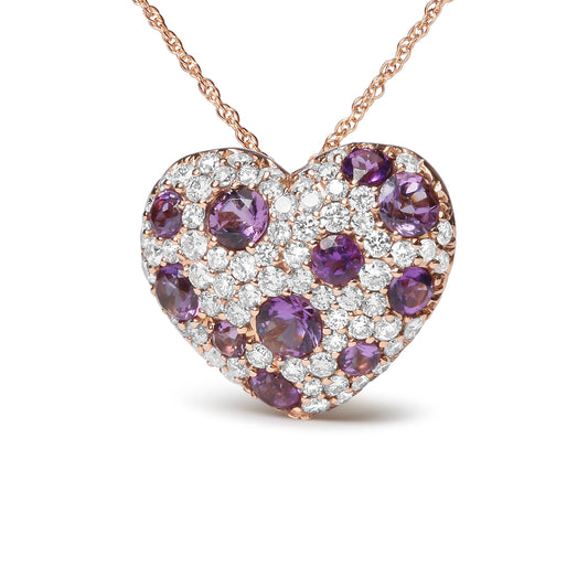 Collar con colgante en forma de corazón de oro rosa de 18 quilates con diamante de 3/4 Cttw y amatista morada de 18" (color G-H, claridad SI1-SI2)