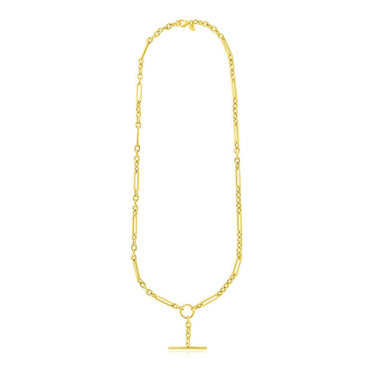 Collar de cadena de oro amarillo de 14k con óvalos y redondos alternados, y broche de barra y aro