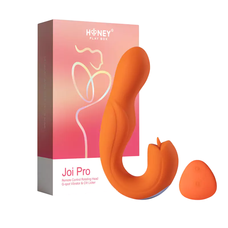 Honey Play Box, Joi Pro, Vibrator & Clit Licker 2-In-1, 360° Rotating Head & Clit Stimulator, 7 Vibration Modes & 7 Rotation Modes, Remote Control, Curved, USB Rechargeable, Silicone+ABS, 17.27 × 9.14 × 3.76 cm, Orange
