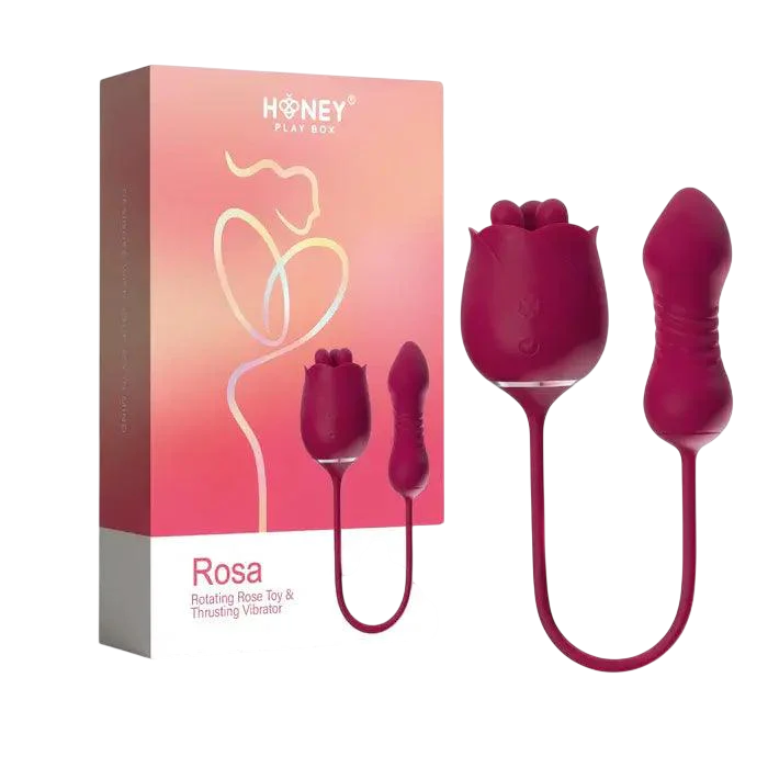 Honey Play Box, Rosa, Rotating Rose Toy & Thrusting Vibrator 2-In-1, 9 Thrusting Patterns & 9 Rotation Patterns Modes, Rose, USB Rechargeable, Silicone+ABS, 39.29 × 5.51 × 9.40 cm, Red