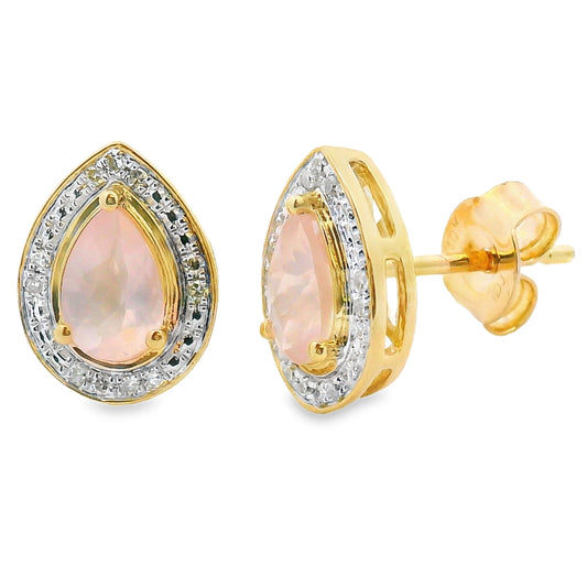 Pendientes Colgantes de Cuarzo Rosa y Diamantes Oro Amarillo de 10KT