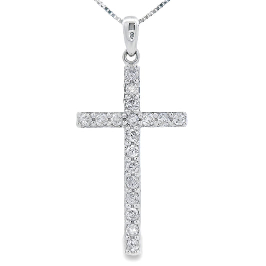 Colgante de cruz religiosa con diamante de 0,25 ct en oro blanco de 14 kt