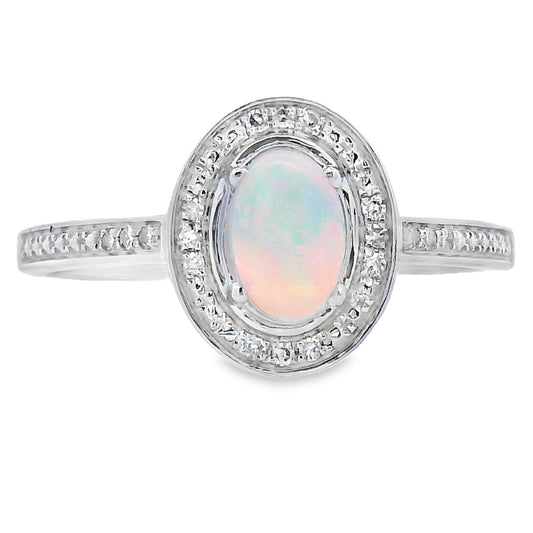 Anillo de ópalo y diamantes de 0,36 ct, oro blanco de 10 kt