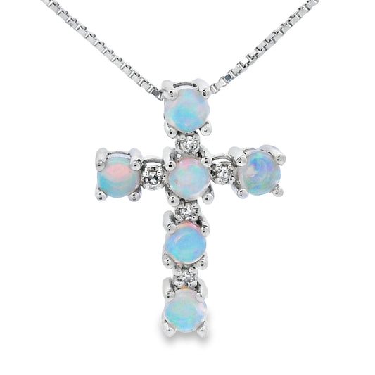 Colgante Religioso Cruz de Opalo y Diamantes Oro Blanco de 10KT